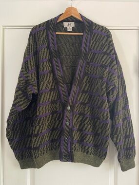 Vintage 80s Jed Funky Striped Grandpa Cardigan - XL